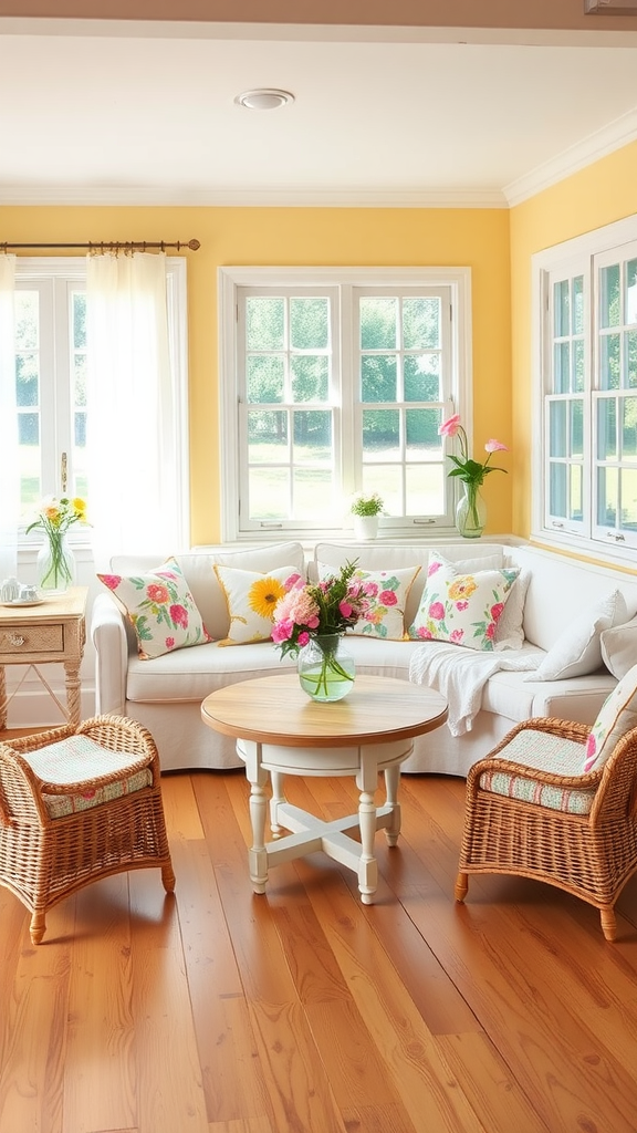 Bright yellow cottage living room with white sofa, floral cushions, and wicker chairs.