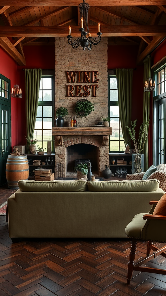 Cozy rustic vineyard lounge with earthy tones, a fireplace, and wine decorations.