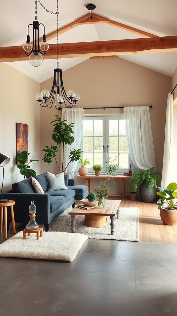 A cozy living room featuring a blue sofa, plants, wooden furniture, and large windows with natural light.