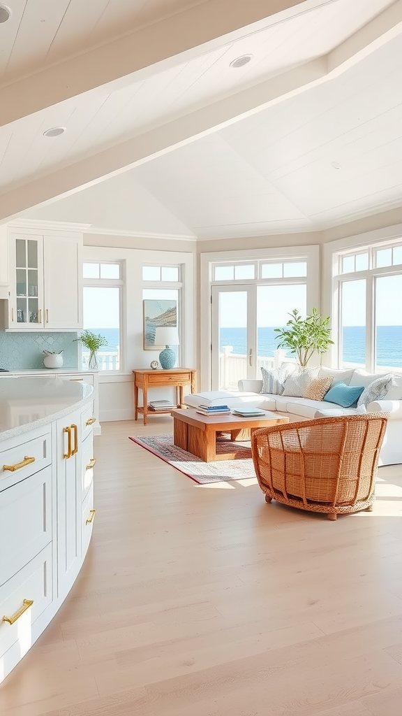 Open concept coastal beach house living room and kitchen with ocean view.