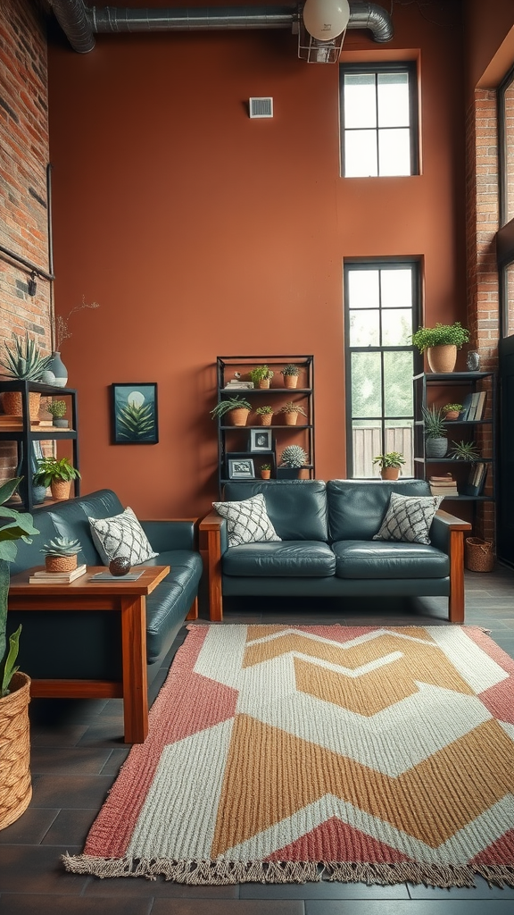 An earthy industrial chic living room featuring terracotta walls, black leather sofas, a wooden coffee table, and a geometric area rug.