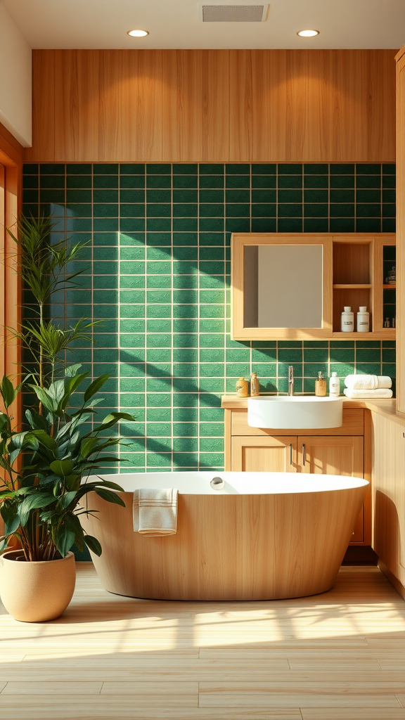 A modern bathroom with green tiles, a wooden bathtub, and a potted plant, creating a serene forest-inspired look.