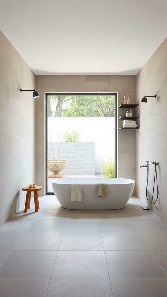 A minimalist Japanese bathroom featuring a freestanding tub, stone accents, and a large window showcasing greenery outside.