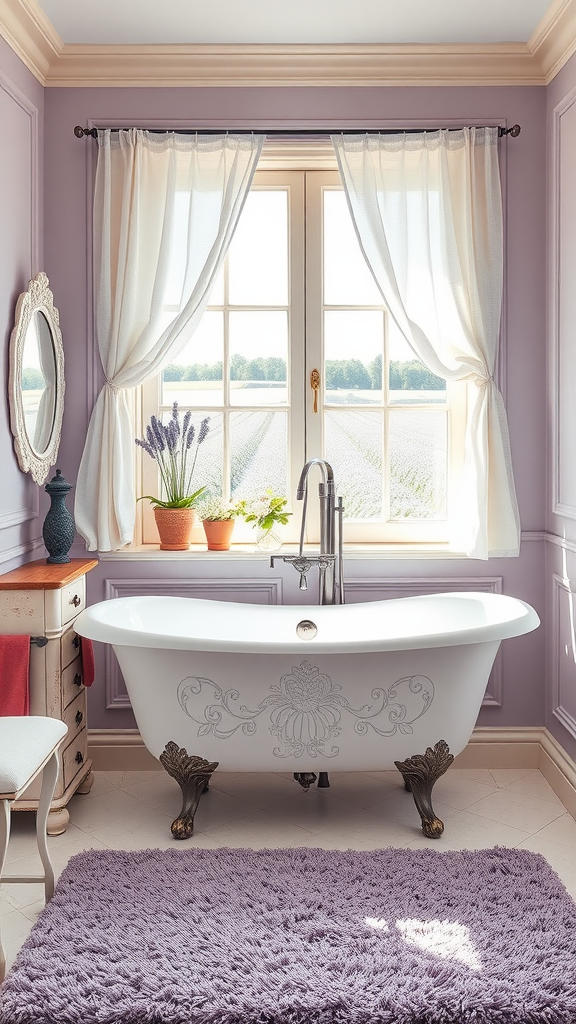 A lavender-themed bathroom featuring a freestanding bathtub, soft lavender walls, and a view of lavender fields through the window.