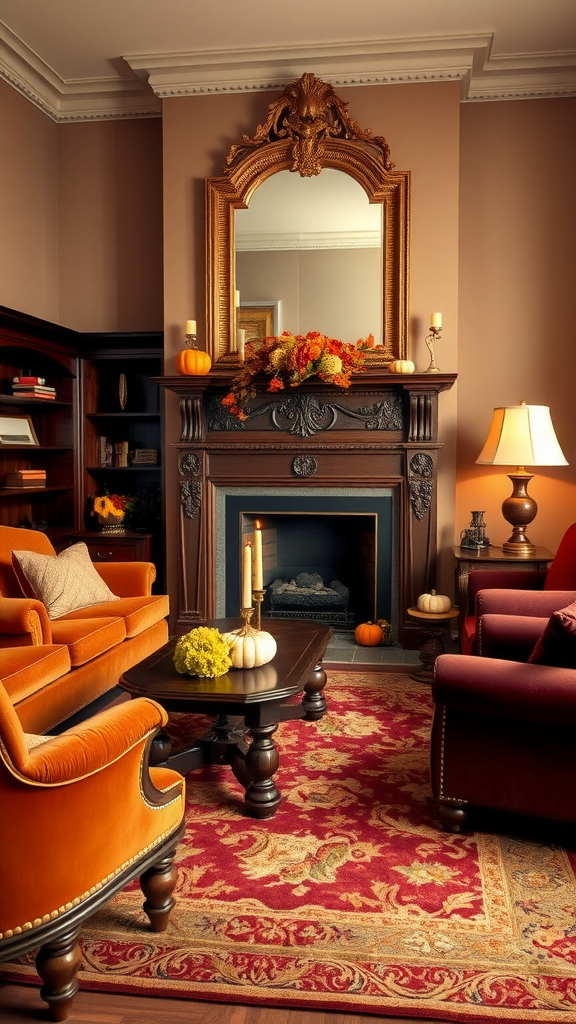 Traditional fall living room decor featuring warm colors, pumpkins, and a cozy fireplace.