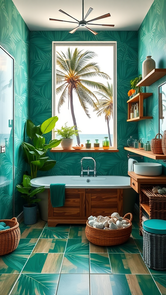 Bathroom with tropical theme featuring teal walls, palm leaf decor, wooden accents, and a view of palm trees outside.