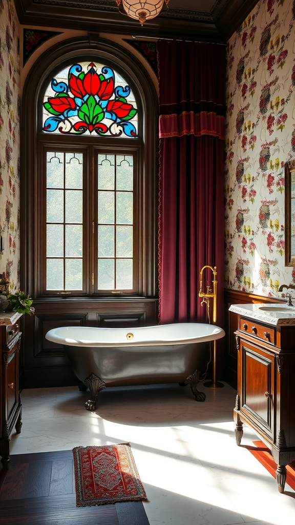 Victorian bathroom featuring a clawfoot bathtub, stained glass window, and elegant decor.