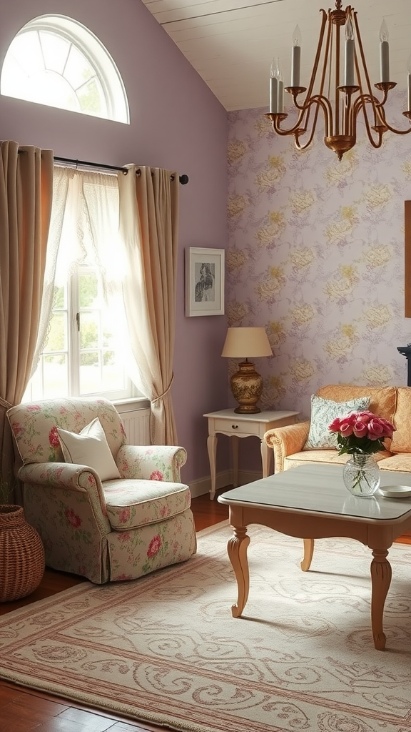 Cozy living room with vintage floral decor, featuring floral armchair, chandelier, and natural light.