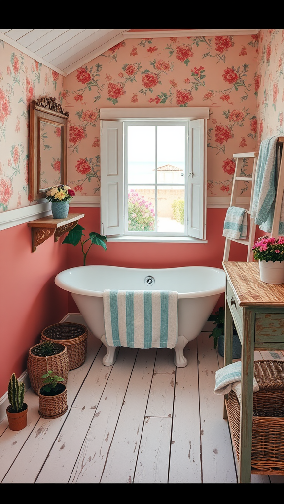 A cozy coastal bathroom featuring a freestanding bathtub, floral wallpaper, and wooden accents.