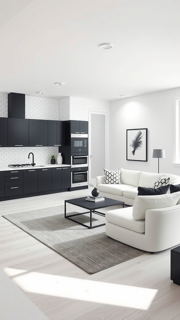 A modern black and white living room and kitchen combination featuring sleek black cabinets, a white sofa, and a black coffee table.