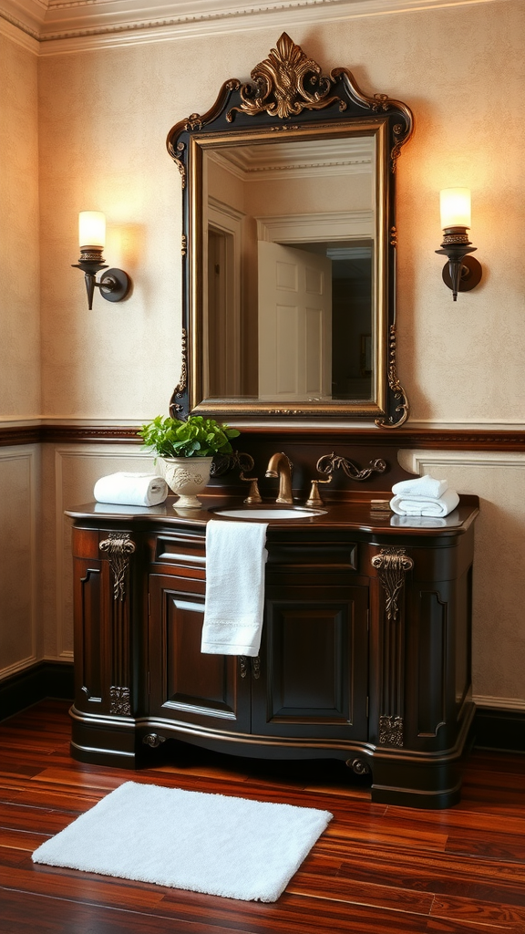 A dark wood vanity with brass detailing in a Victorian-style bathroom, featuring an ornate mirror and soft lighting.