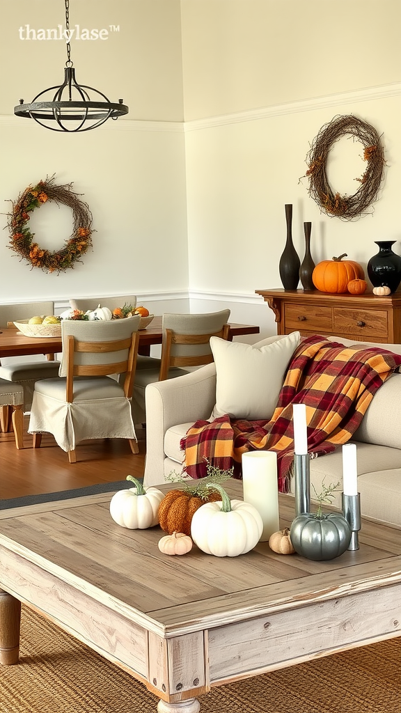 Cozy farmhouse living room decorated for fall with pumpkins, wreaths, and a plaid throw.