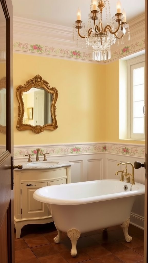 A cozy French Provincial bathroom featuring a freestanding tub, floral wallpaper, and a vintage chandelier.