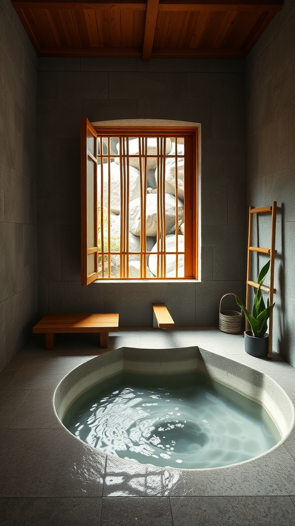 A tranquil Japanese onsen-inspired bathroom with a circular soaking tub, stone walls, wooden accents, and a view of rocks through a window.