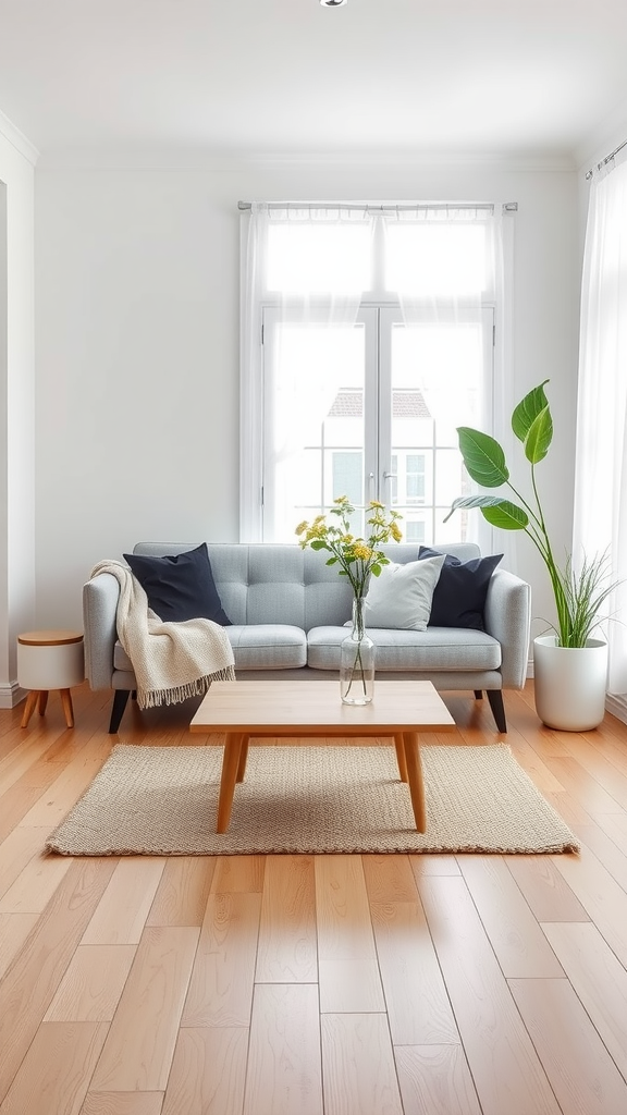 A bright and airy Scandinavian-inspired living room featuring a gray sofa, a low wooden coffee table, a potted plant, and a vase of flowers.