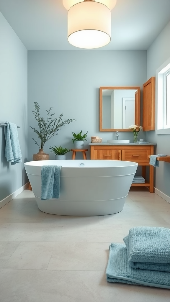 A stylish bathroom with soft blue walls, a freestanding tub, wooden cabinetry, and plants.