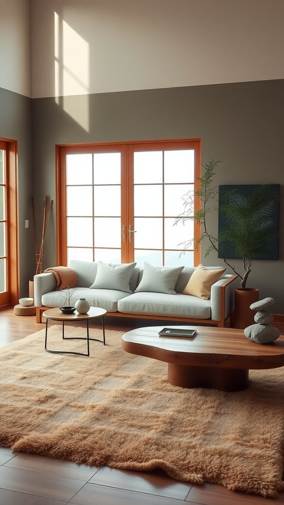 A cozy zen-inspired living room with large windows, soft lighting, and natural materials, featuring a comfortable sofa, a rustic coffee table, and decorative stones.