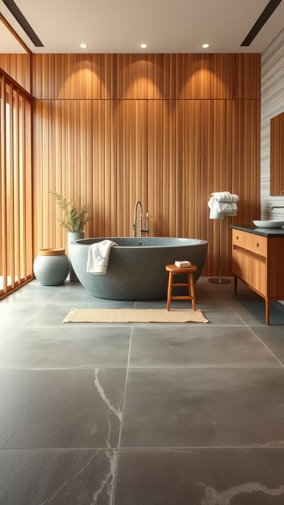 A modern Japandi bathroom featuring a stone bathtub, wooden walls, and gray stone flooring.