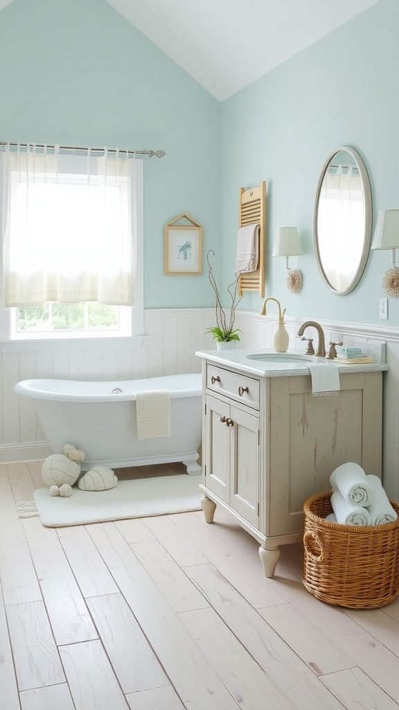 A coastal French country bathroom featuring a freestanding bathtub, light blue walls, wooden vanity, and natural light.