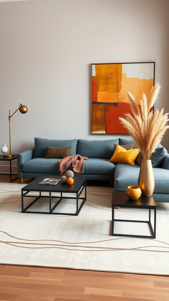 A modern living room featuring a blue sofa, warm-toned artwork, and stylish decor for fall.