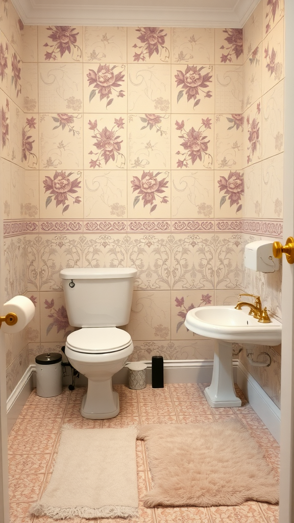 A Victorian-style bathroom featuring tiled walls with floral patterns, a white toilet, and a gold-accented sink.