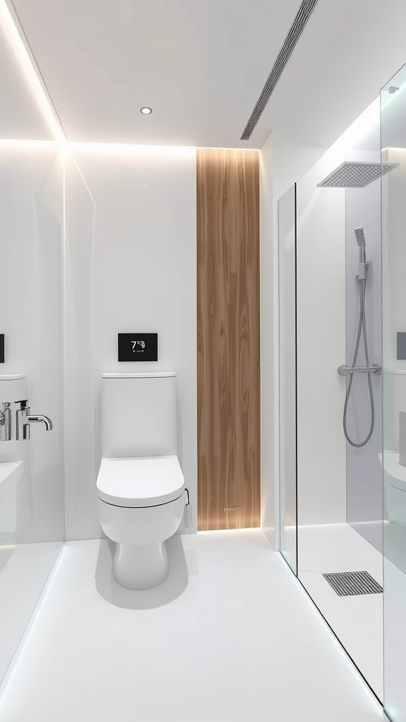 Futuristic Japanese bathroom featuring sleek design, smart features, and minimalistic decor.