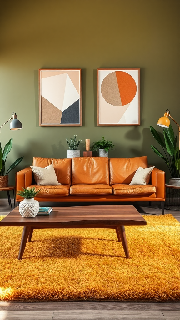 Mid-century modern living room featuring an orange leather sofa, geometric art, and green walls