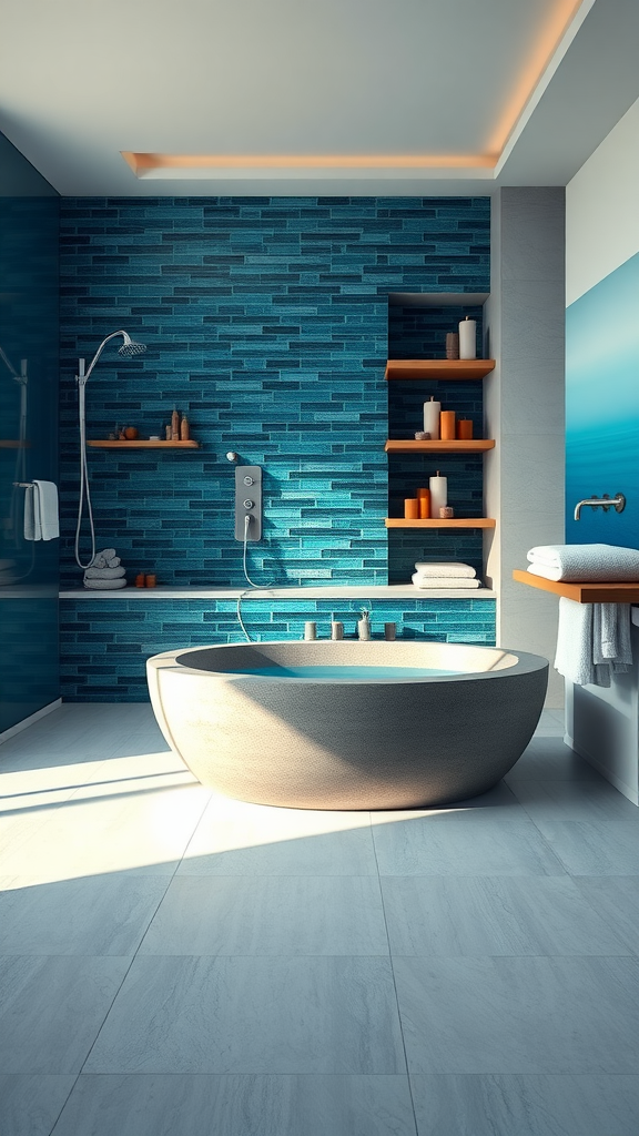 A modern bathroom with blue tiled walls, a round bathtub, and orange accents.