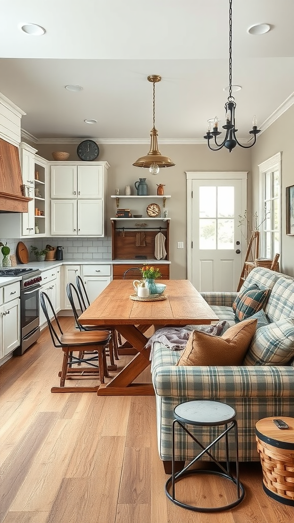 Rustic farmhouse living room and kitchen combo featuring a wooden dining table, plaid sofa, and warm lighting.