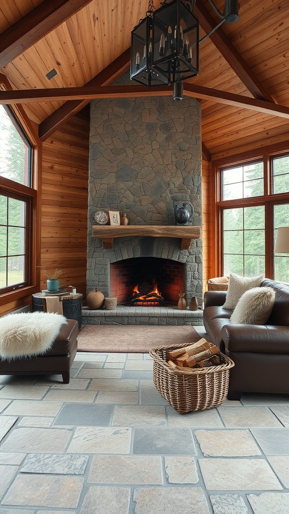 A cozy rustic living room featuring a stone fireplace, wooden walls, leather sofas, and a basket of firewood.