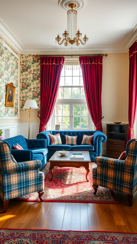 A classic English country living room featuring blue sofas, plaid armchairs, red curtains, floral wallpaper, and a chandelier.