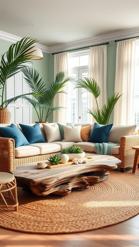 Cozy living room featuring rattan furniture, blue cushions, and a wooden coffee table surrounded by plants.