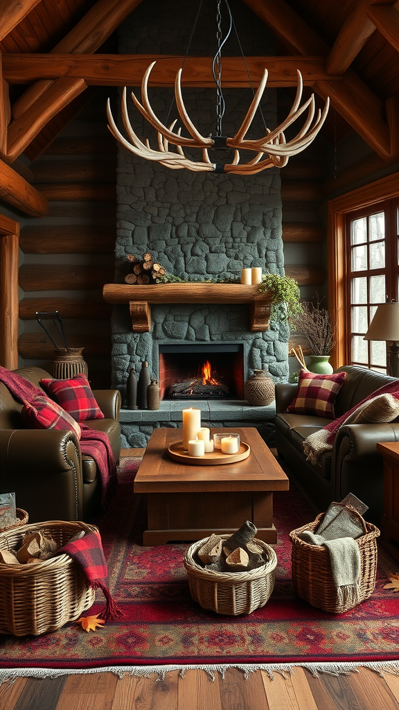 Cozy fall living room with stone fireplace, leather sofas, plaid throws, and antler chandelier.