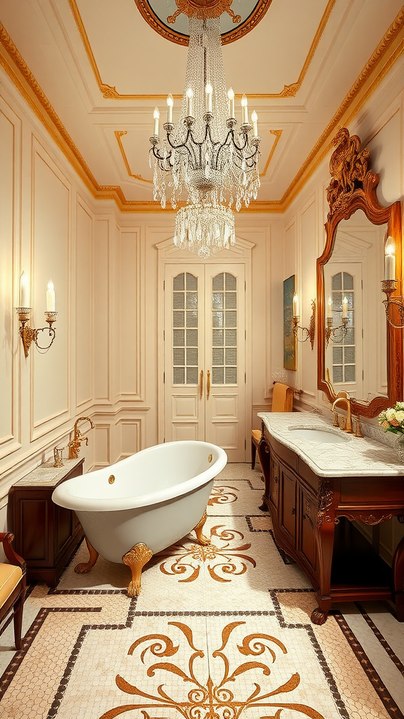 Elegant French chateau bathroom featuring two freestanding bathtubs, a chandelier, and ornate decor.