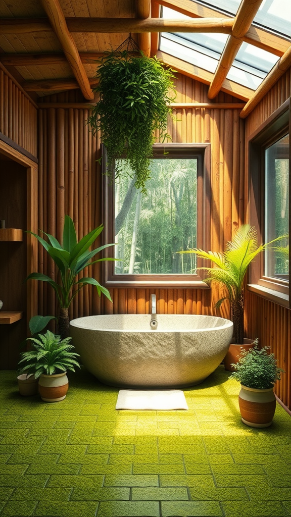 A Japanese bathroom design featuring a stone bathtub, wooden walls, and abundant greenery.