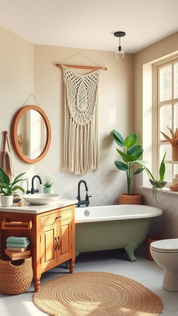 A coastal boho bathroom featuring a vintage freestanding tub, wooden vanity, macramé wall decor, plants, and a round jute rug.