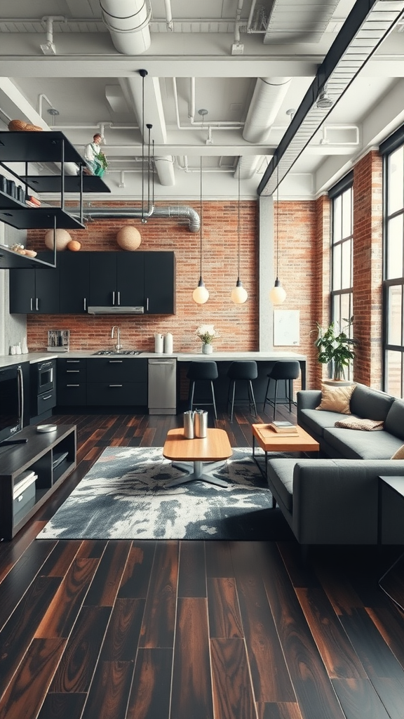 An urban loft living room and kitchen combo featuring an industrial design with exposed brick, modern furniture, and natural light.