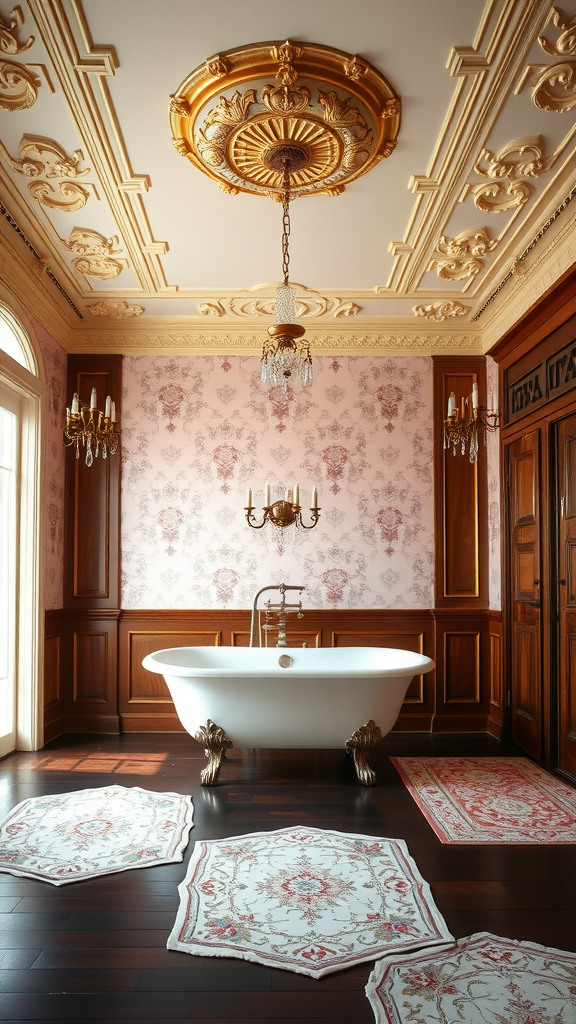 Elegant Victorian bathroom featuring intricate ceiling molding, a freestanding bathtub, and ornate decor.