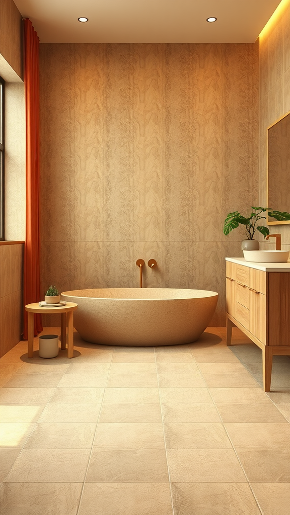 Warm toned bathroom with natural materials and cozy decor