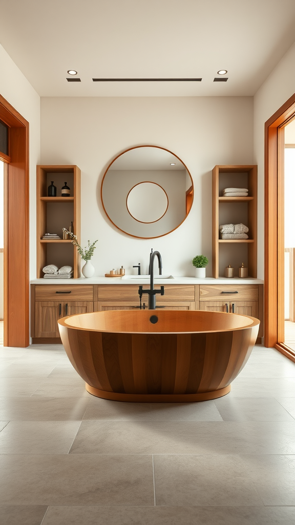 A serene Japandi style bathroom featuring a wooden tub, light stone floor, and minimalist decor.