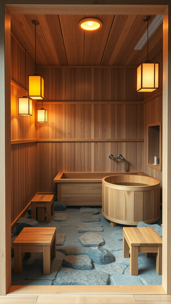 Interior of a Japanese bathhouse featuring wooden elements and soft lighting.