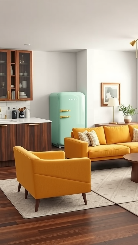 Mid-century modern living room and kitchen combo with yellow sofa and mint green refrigerator