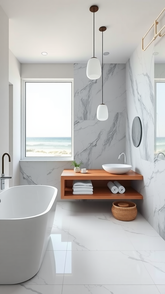 A modern coastal bathroom featuring a large window with ocean views, marble walls, a freestanding tub, and a wooden shelf with towels.