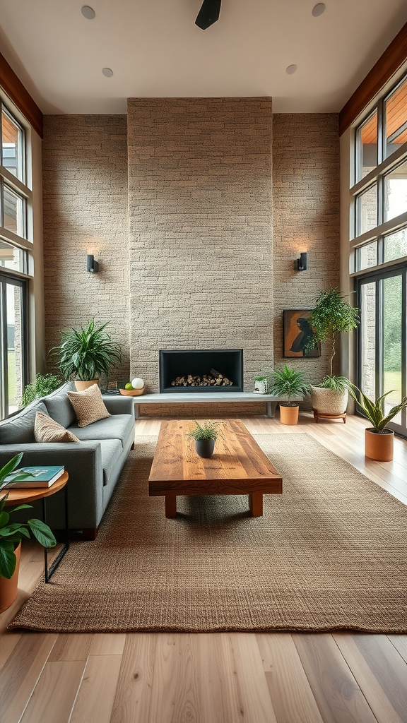 A modern rustic living room featuring a stone wall, a gray sofa, a wooden coffee table, and potted plants.