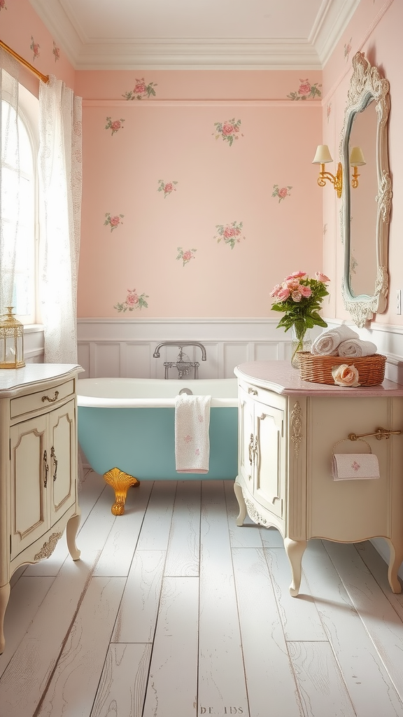 A romantic French country bathroom featuring pink floral walls, a blue clawfoot tub, and elegant furniture.