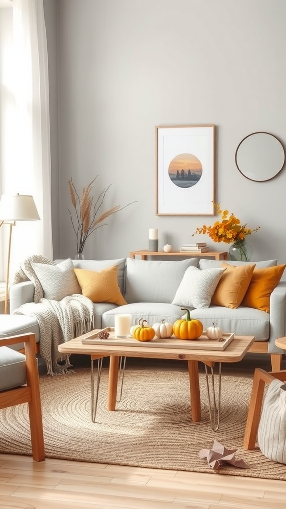 Cozy Scandinavian-style living room decorated for fall with soft colors, pumpkins, and warm textiles.