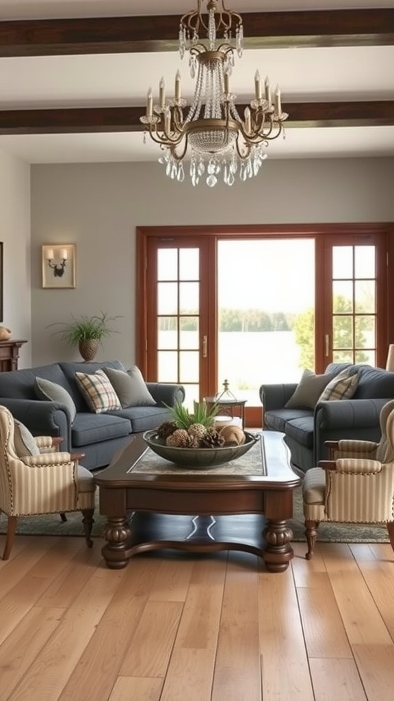 A cozy living room featuring wooden beams, a chandelier, gray sofas, and a wooden coffee table with pinecones.