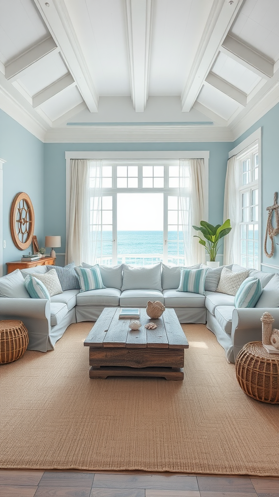 Cozy living room with ocean view, featuring light blue walls, a sectional sofa, and a wooden coffee table.