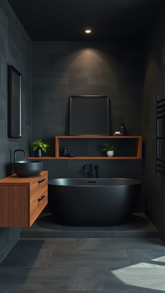 A modern bathroom featuring a black tub, black sink, and wooden cabinetry, designed in a minimalistic dark style.