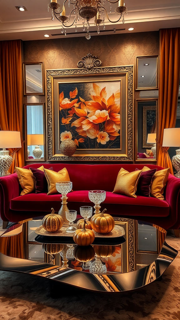 Glamorous fall living room with burgundy sofa, golden accents, and decorative pumpkins on a coffee table